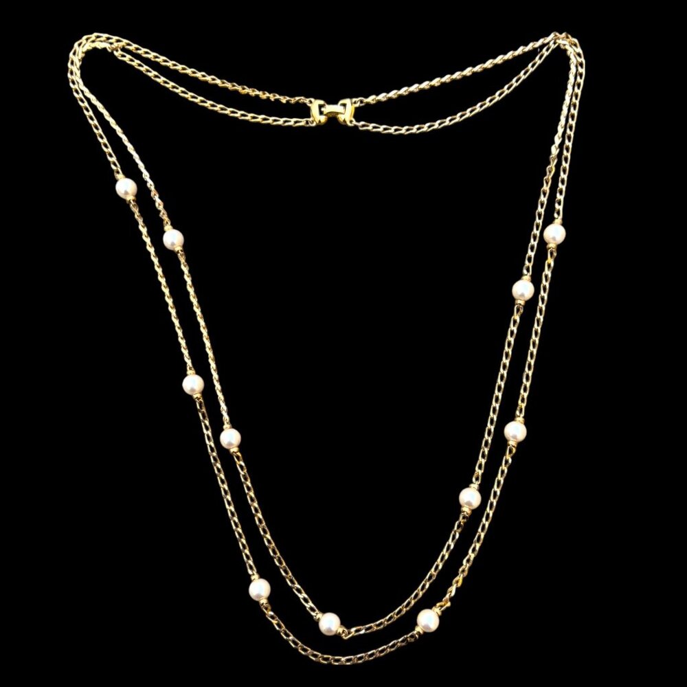 Napier Gold-Tone Double-Strand Chain  Necklace With Faux Pearl Accents- Vintage - Picture 3 of 7